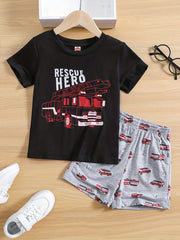 Boys Fire Truck Print T shirt & Shorts Set