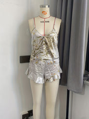 Floral Print Pajama Set V Neck Cami Top & Ruffle Shorts