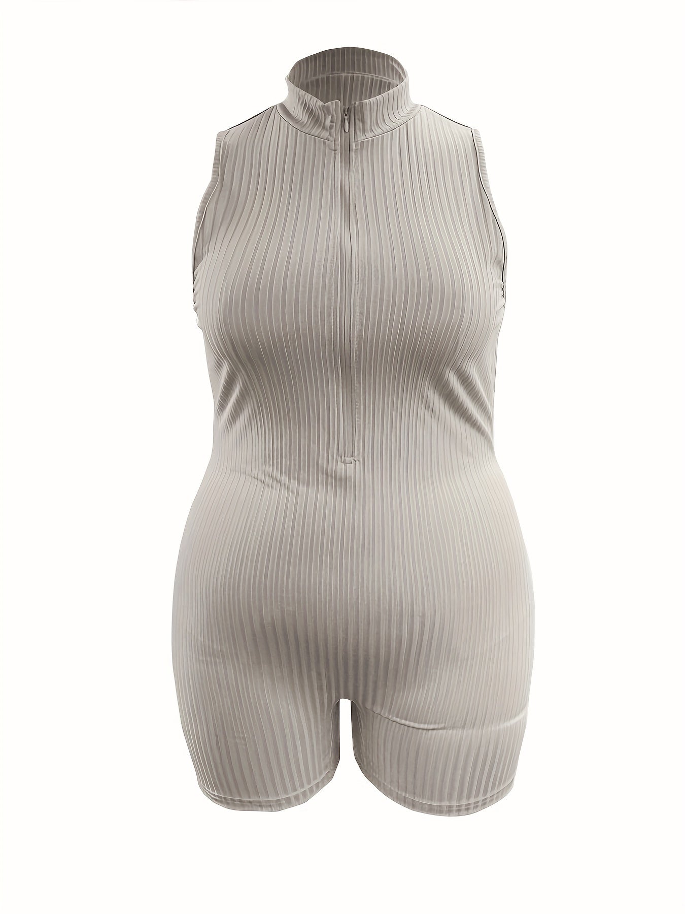 Solid Ribbed Zipper Mock Neck Skinny Romper