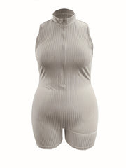 Solid Ribbed Zipper Mock Neck Skinny Romper