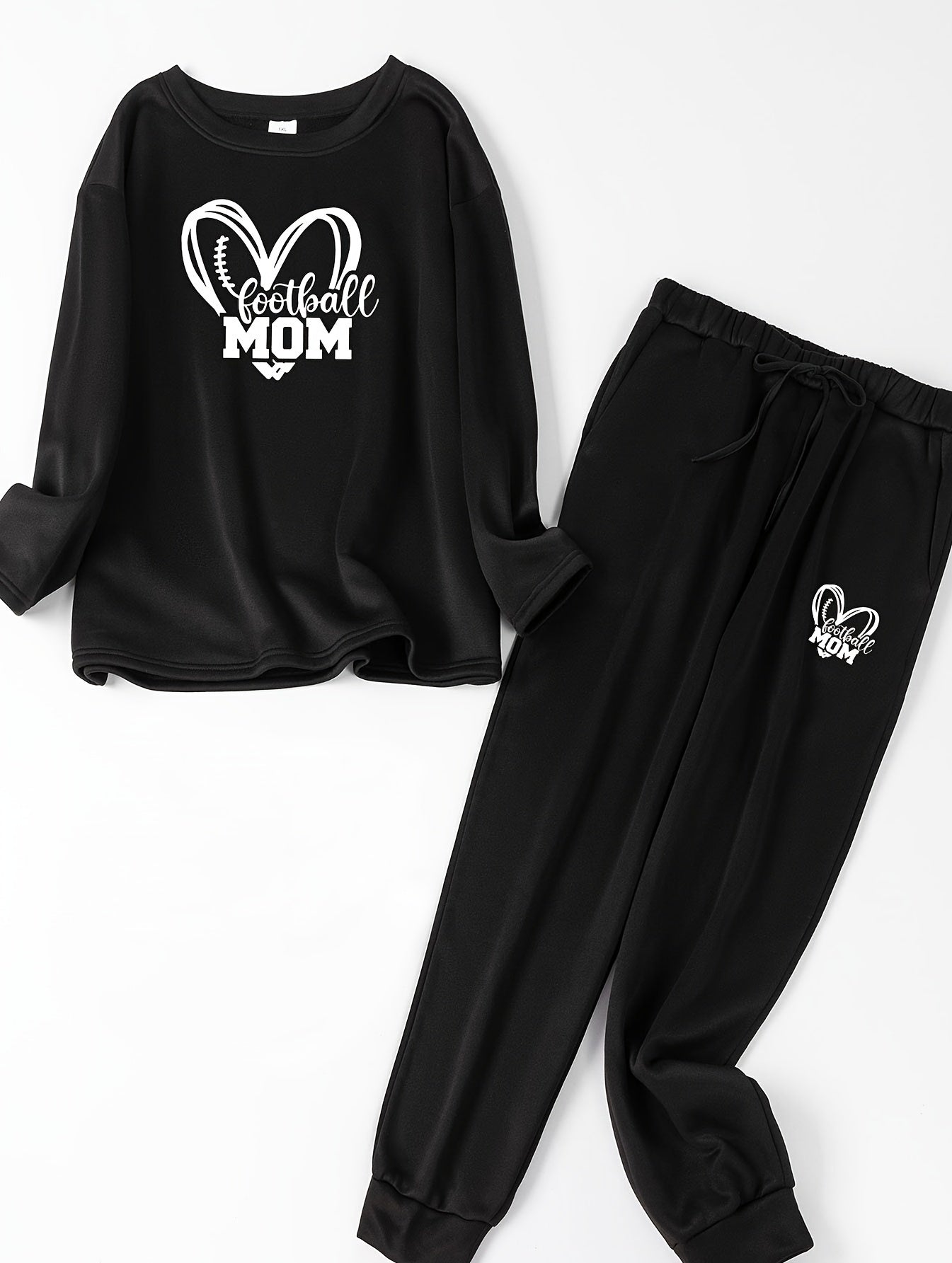 Plus Size Heart Rugby & Letter Print Fleece Top & Joggers Set