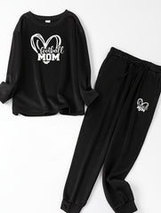 Plus Size Heart Rugby & Letter Print Fleece Top & Joggers Set