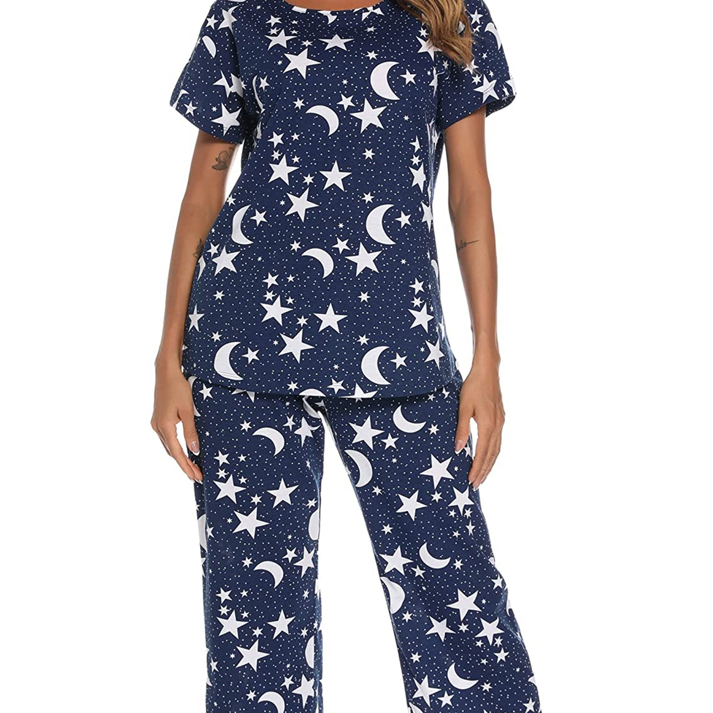 Star Print Pajama Set Short Sleeve Round Neck Top & Elastic Waistband