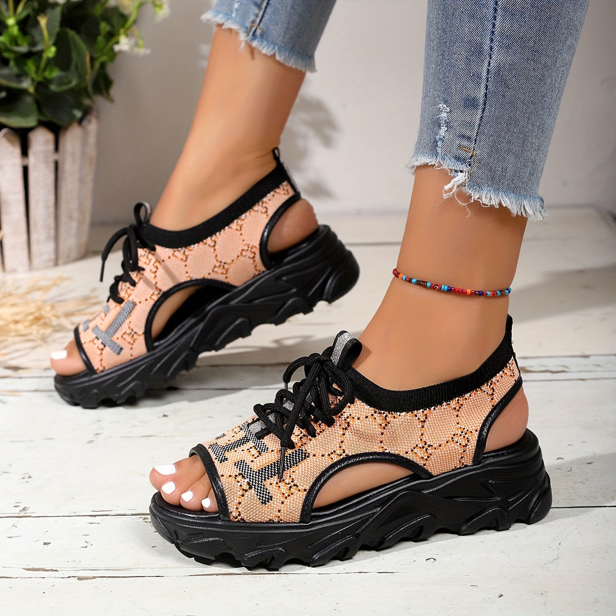 Women's Lace up Platform Sandals Hollow Out Comfort Summer Sports Sandals