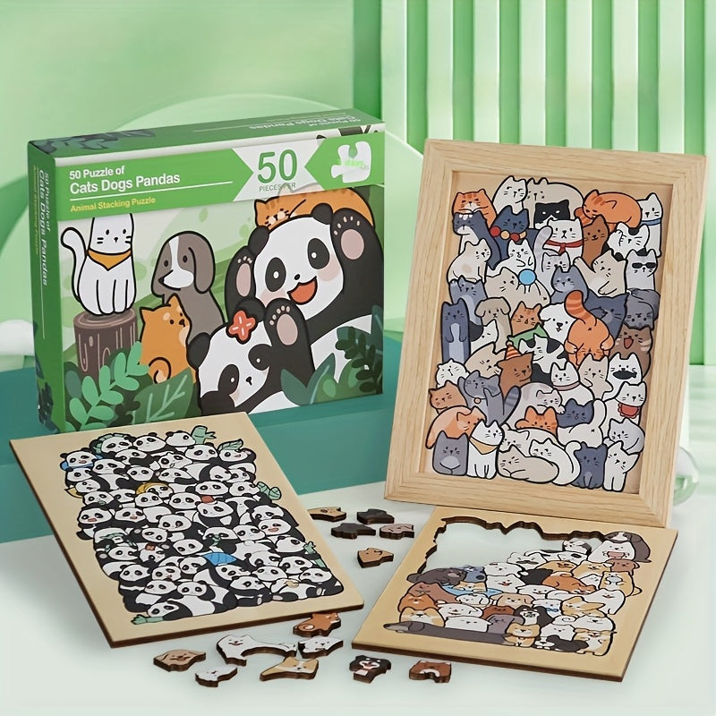Wooden Animal Puzzle: 50 Cartoon Animals for Stacking & Decor