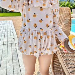 Girls Cartoon Fruit Ruffle Trim Long Sleeve 1pc Swimwear