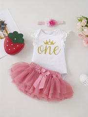 Baby Birthday Party Holiday Clothes Flutter Sleeve Romper & Princess Dress Set
