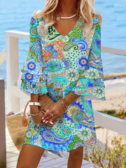 Paisley Print Layered Dress V Neck Flared Sleeve Dress