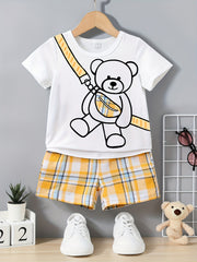 Boy's Bear Graphic Casual Outfit T-Shirt & Plaid Shorts Summer Clothes