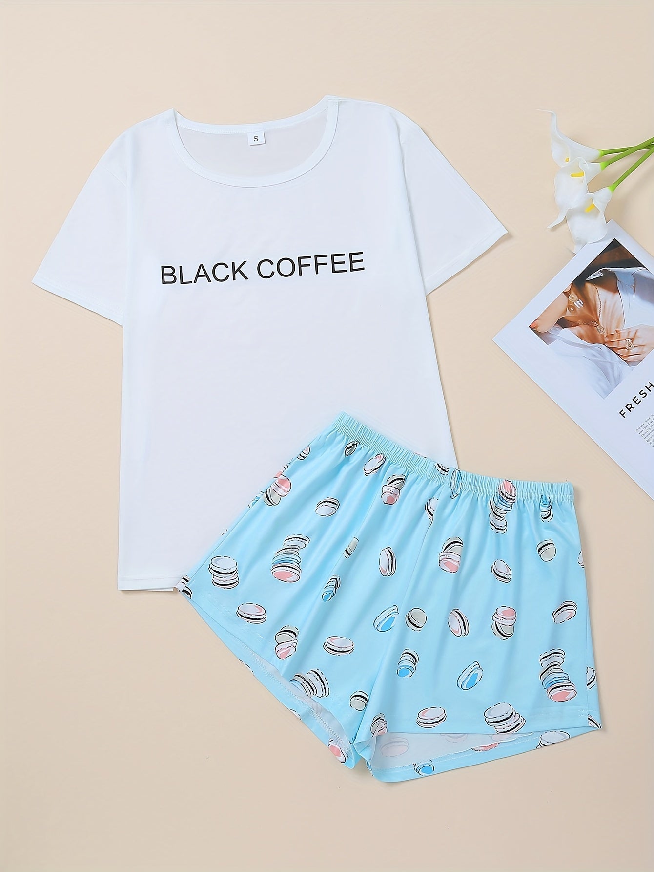 Letter Print Pajamas Set Top & Shorts Women's Sleepwear
