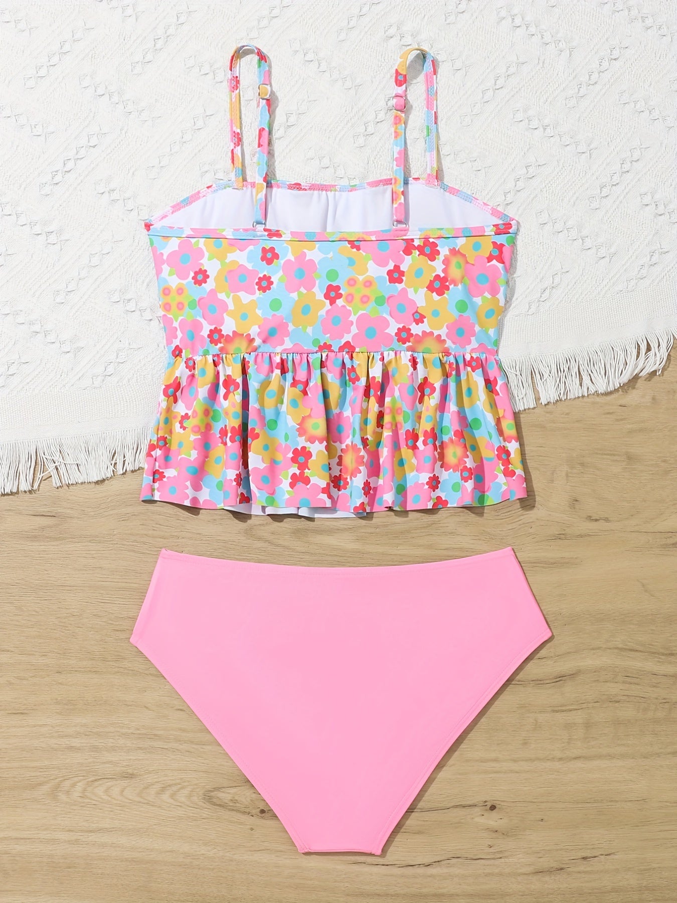 Toddler Girls Bikini Tankini Swimsuit Floral Graphic Ruffle Trim Set