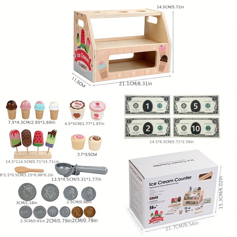 Wooden Ice Cream Counter Playset for Girls Kitchen Toys Gift for 3-6 Years Old
