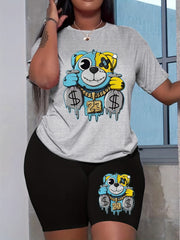 Bear Print Matching Two piece Set Casual Short Sleeve T shirt & Skinny Shorts