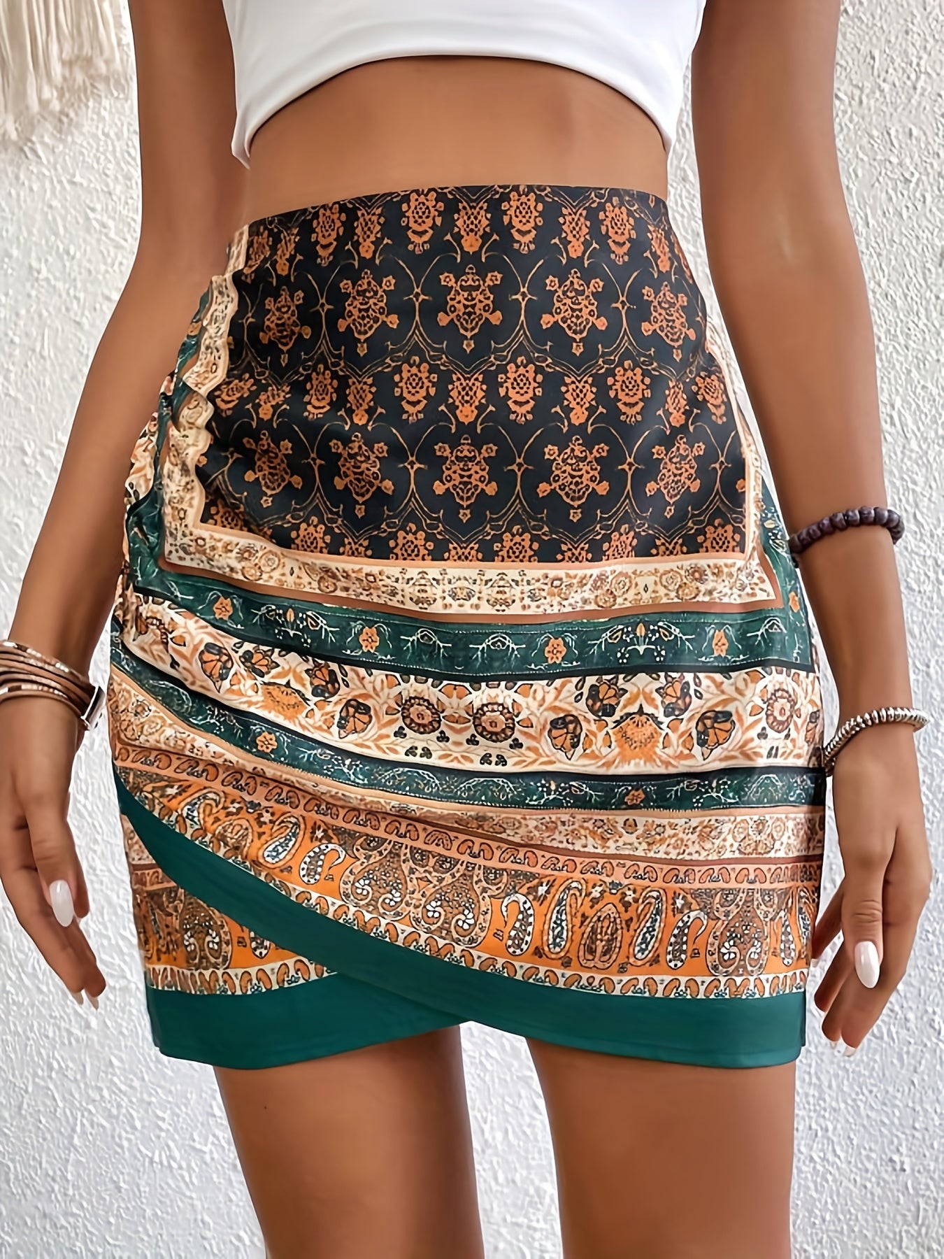 Boho Paisley Print Ruched Mini Skirt High Waist Summer Skirt