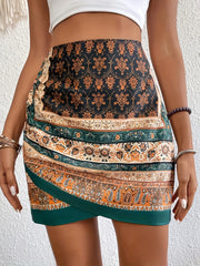 Boho Paisley Print Ruched Mini Skirt High Waist Summer Skirt