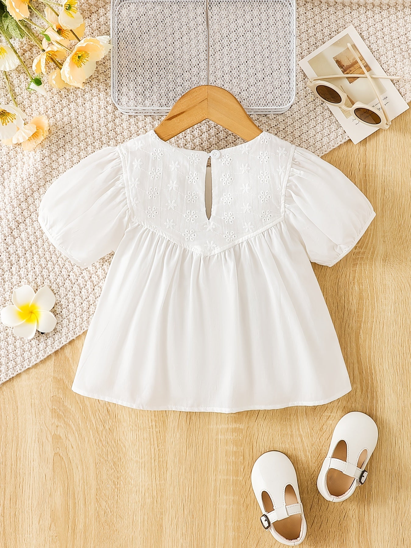Girls Casual Puff Sleeve Flower Blouse Short Sleeve Top