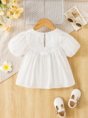 Girls Casual Puff Sleeve Flower Blouse Short Sleeve Top