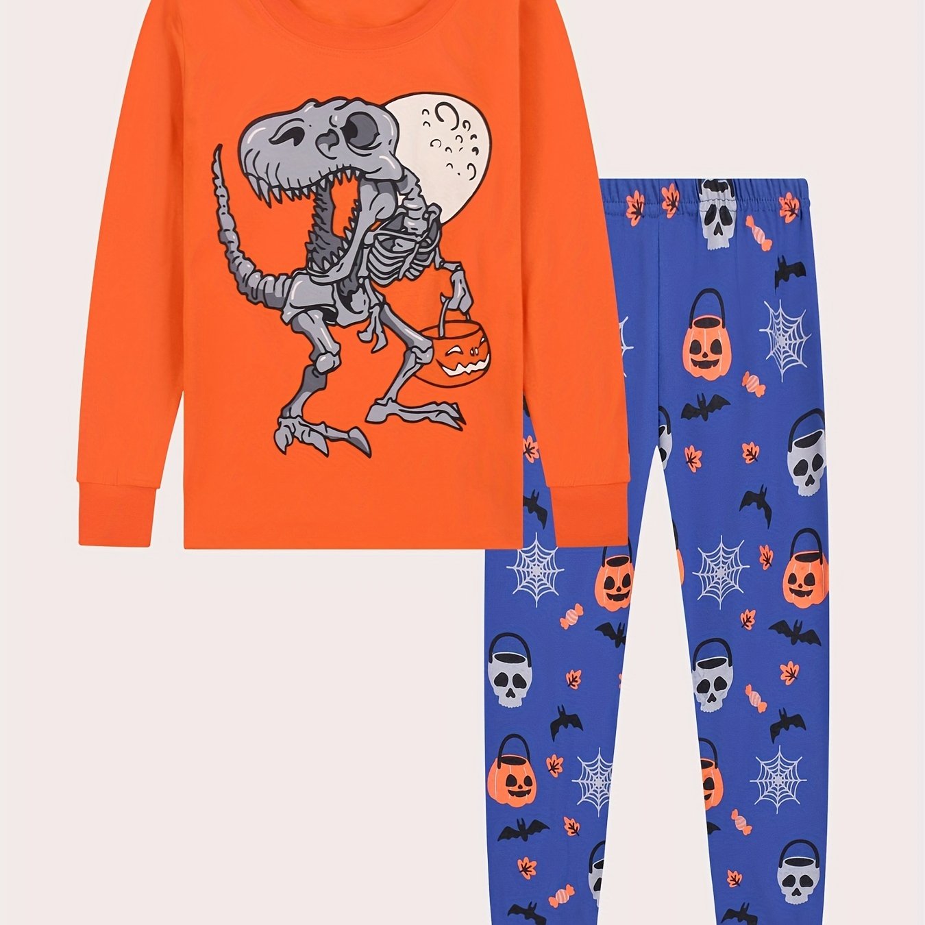 2pcs Dinosaur Skeleton Halloween Pajamas Set Long Sleeve Top & Pants