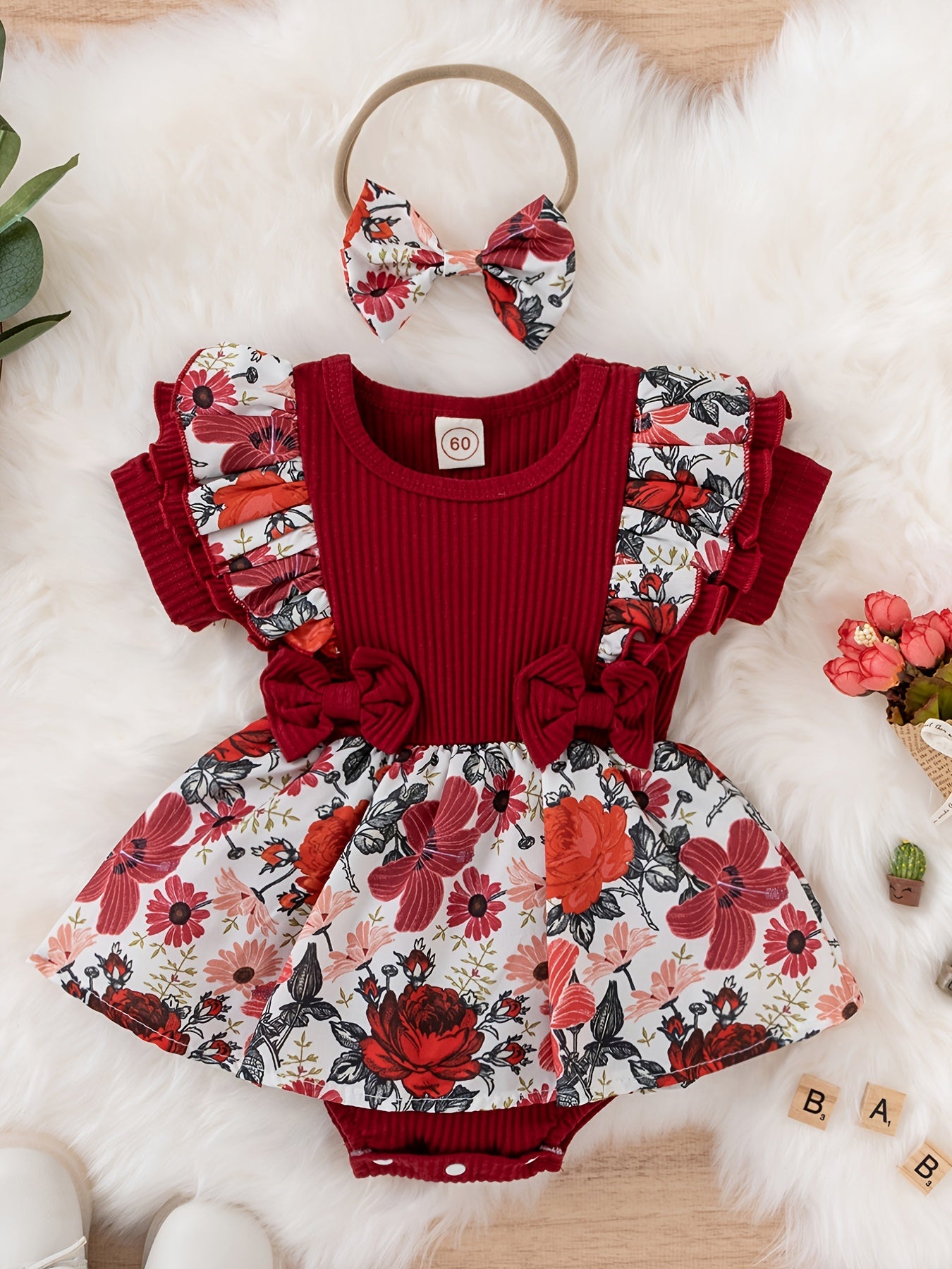 Newborn Infant Dress Splicing Romper Ruffle Flowers Print Short Sleeve Bodysuit