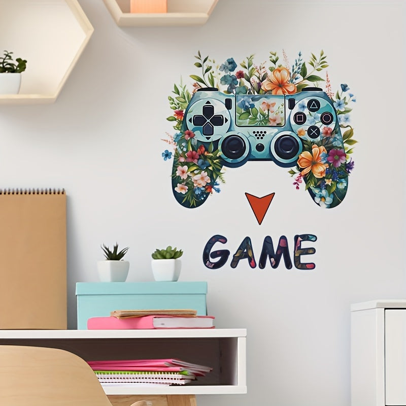 Gamer Wall Decal Cartoon Gaming Flowers Green Leaves Wall Sticker