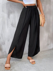 Solid Elastic Waist Split Pants Casual Wide Leg Pants Women's Clothing