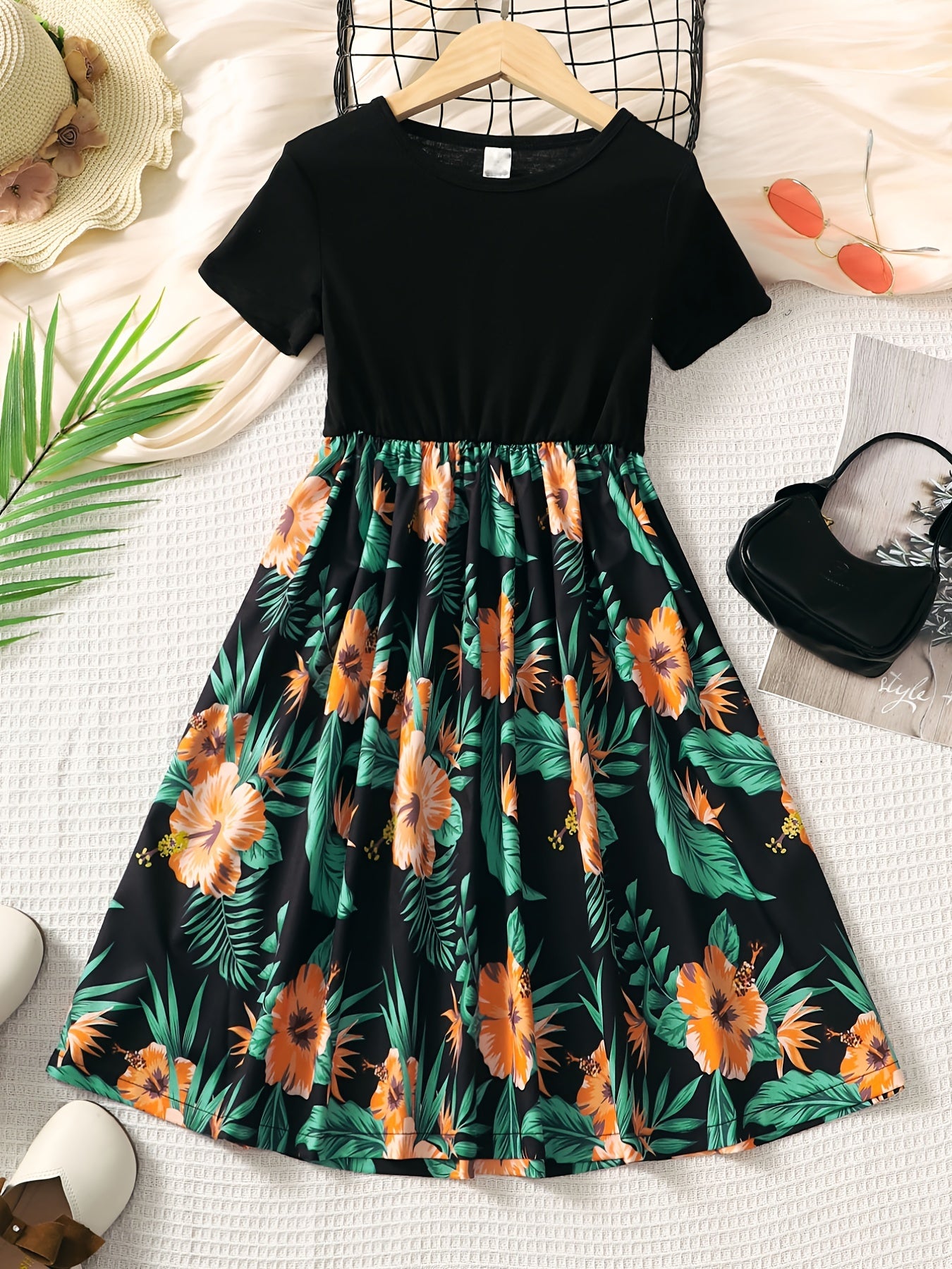 Girls Floral Splicing Casual Dress Summer Party Clothes