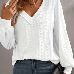 Casual Knit Top Solid Jacquard Lantern Sleeve V Neck Jumper