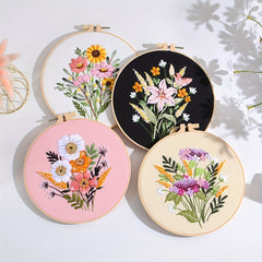 Adult Embroidery Starter Kit: Flower Patterns, Hoop, Thread, Needles
