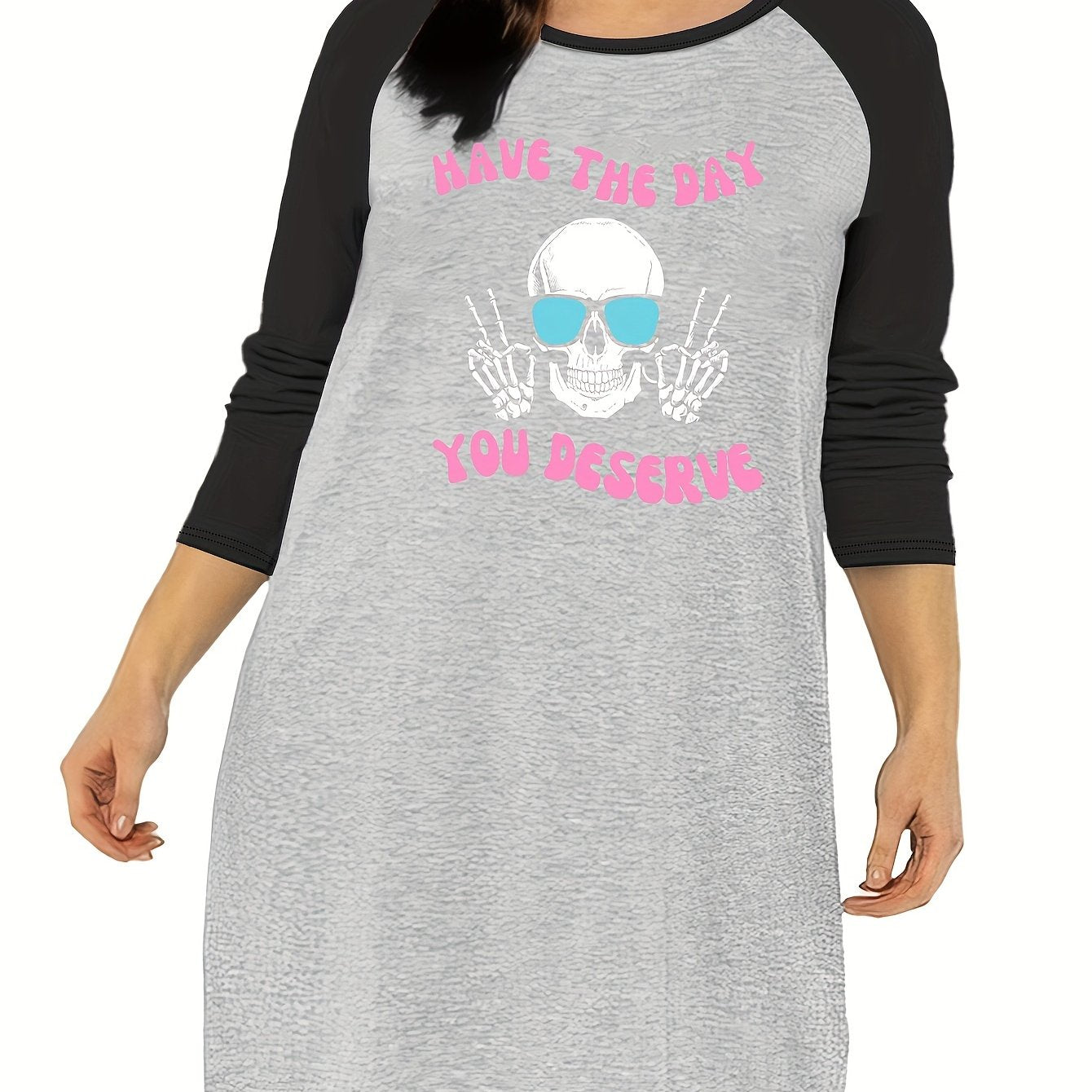 Funny Skull Print Raglan Sleeve Tee Sleep Dress