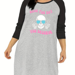 Funny Skull Print Raglan Sleeve Tee Sleep Dress