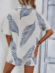 Leaves Print Two Piece Set Casual Short Sleeve Shirt & Shorts