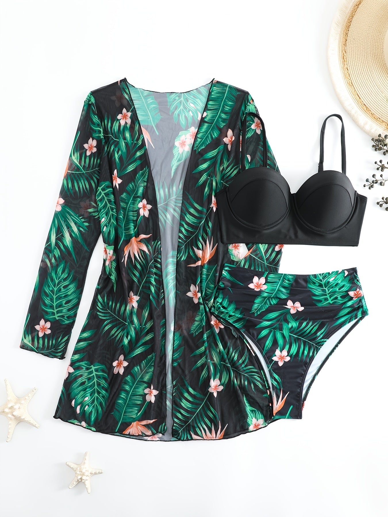 Tropical Floral & Leaf Bikini Set V Neck High Cut Swimsuit with Cover Up Shirt