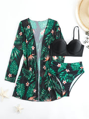 Tropical Floral & Leaf Bikini Set V Neck High Cut Swimsuit with Cover Up Shirt