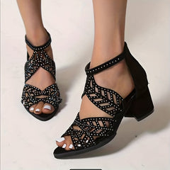 Chunky Heeled Rhinestone Sandals Peep Toe Mid Heels