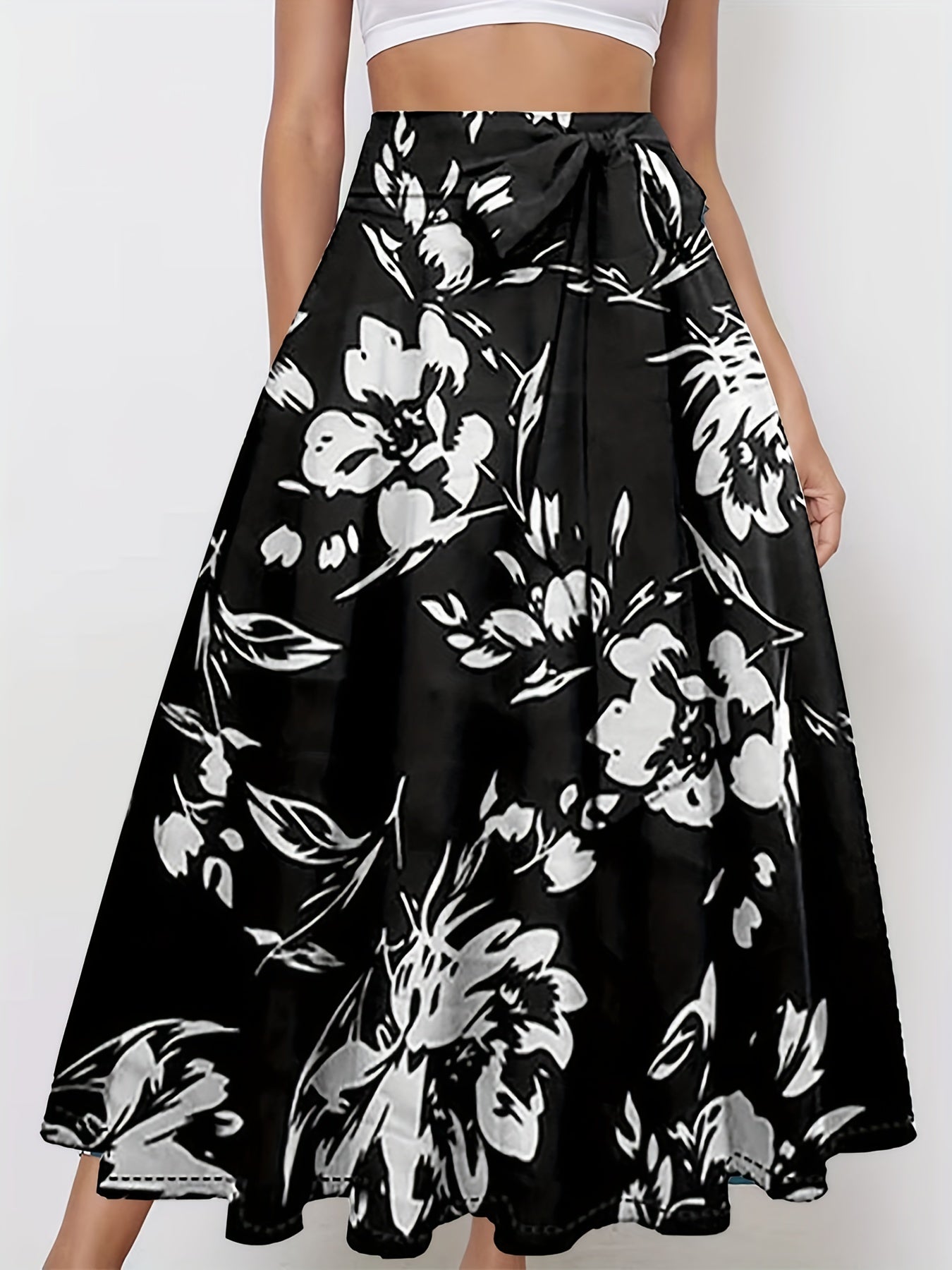 Floral Print Lace Up Skirt High Waist Midi Skirt Spring Summer