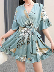 Floral Print Ruffle Trim Rompers Women's Clothing