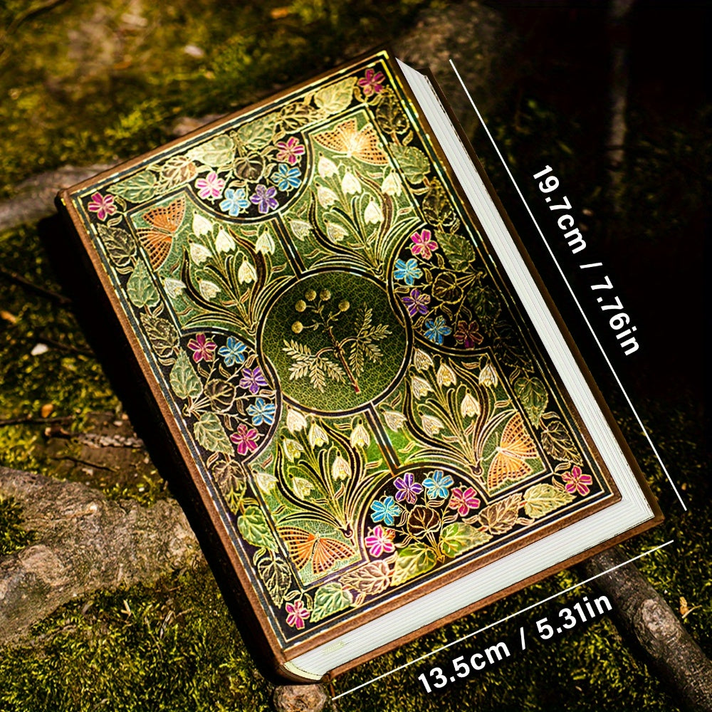 Vintage Botanical Notebook with Golden Butterfly Motif and Green Foliage