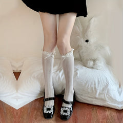 Ruffle Lace Bow Tie Calf Socks Lolita Knee High Socks