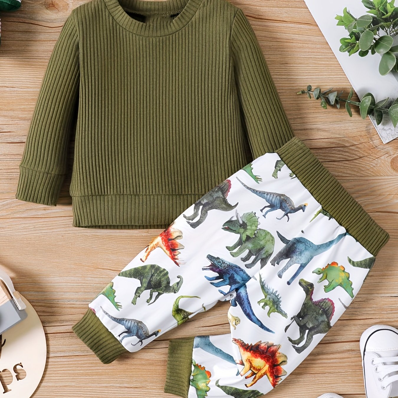 Boys Dino Print Outfit Long Sleeve Top Trousers Set