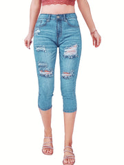 Ripped Holes Cropped Skinny Jeans Slim Fit Slash Pockets High Stretch Capris