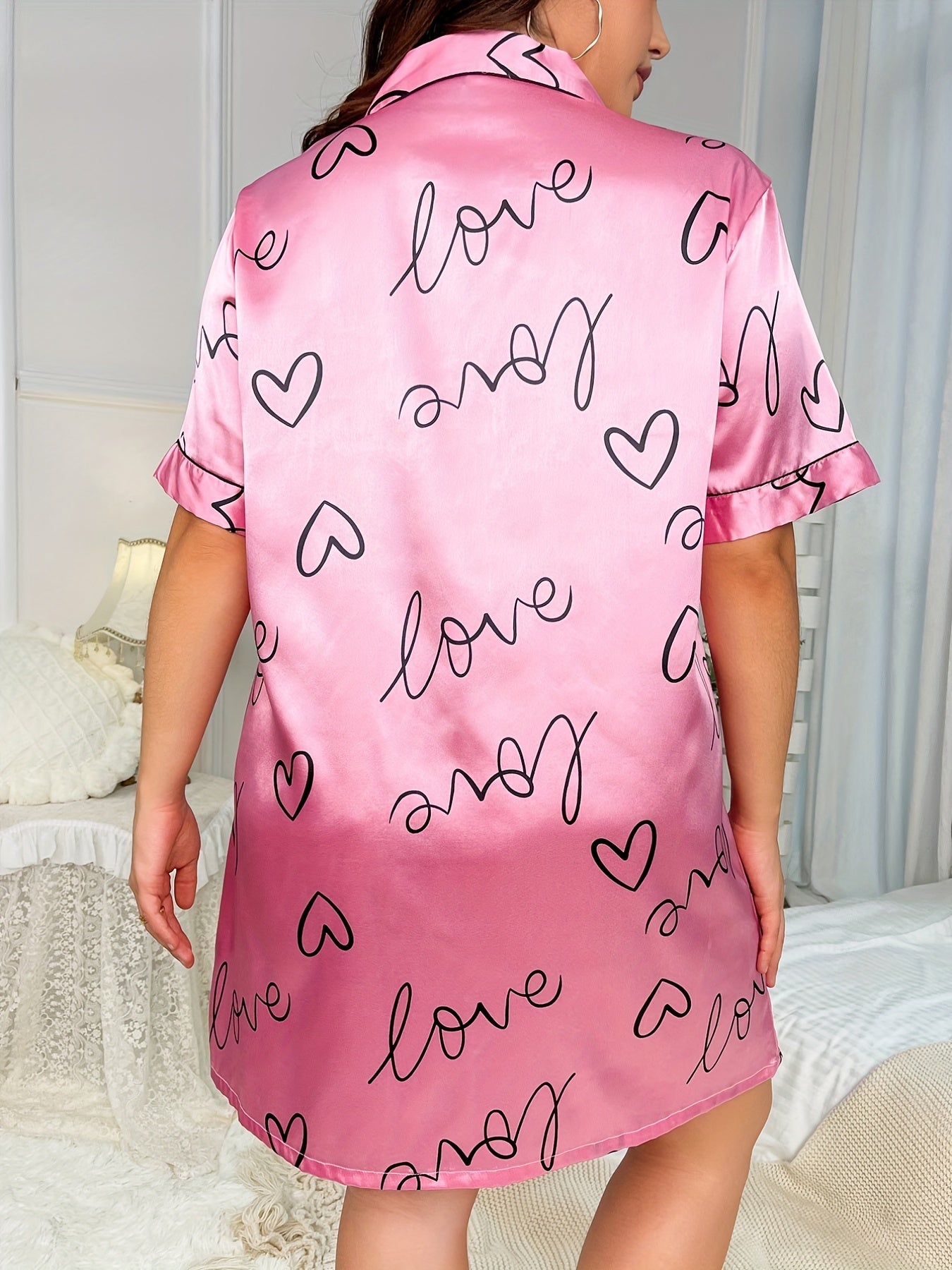 Nightgown Women's Plus Heart & Letter Print Short Sleeve Nightshirt