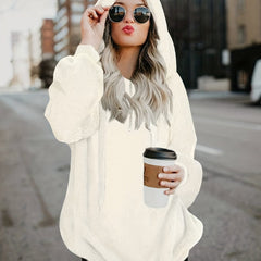 Solid Zip Pocket Fuzzy Hoodie Long Sleeve Drawstring Hoodie Sweatshirt