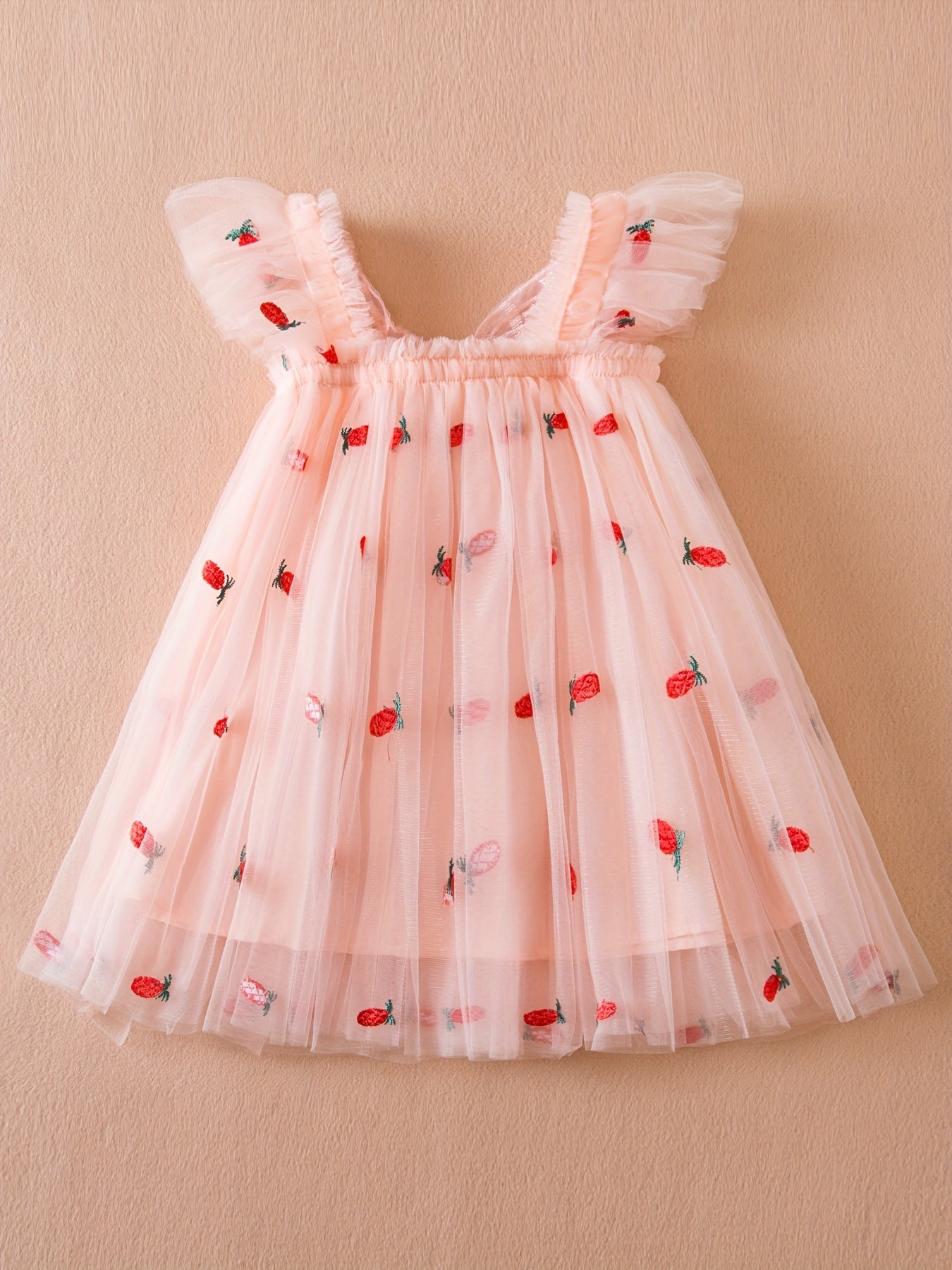 Toddler Girls Strawberry Embroidery Mesh Puffy Dress