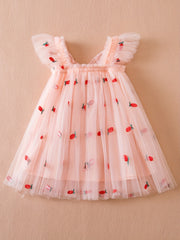 Toddler Girls Strawberry Embroidery Mesh Puffy Dress