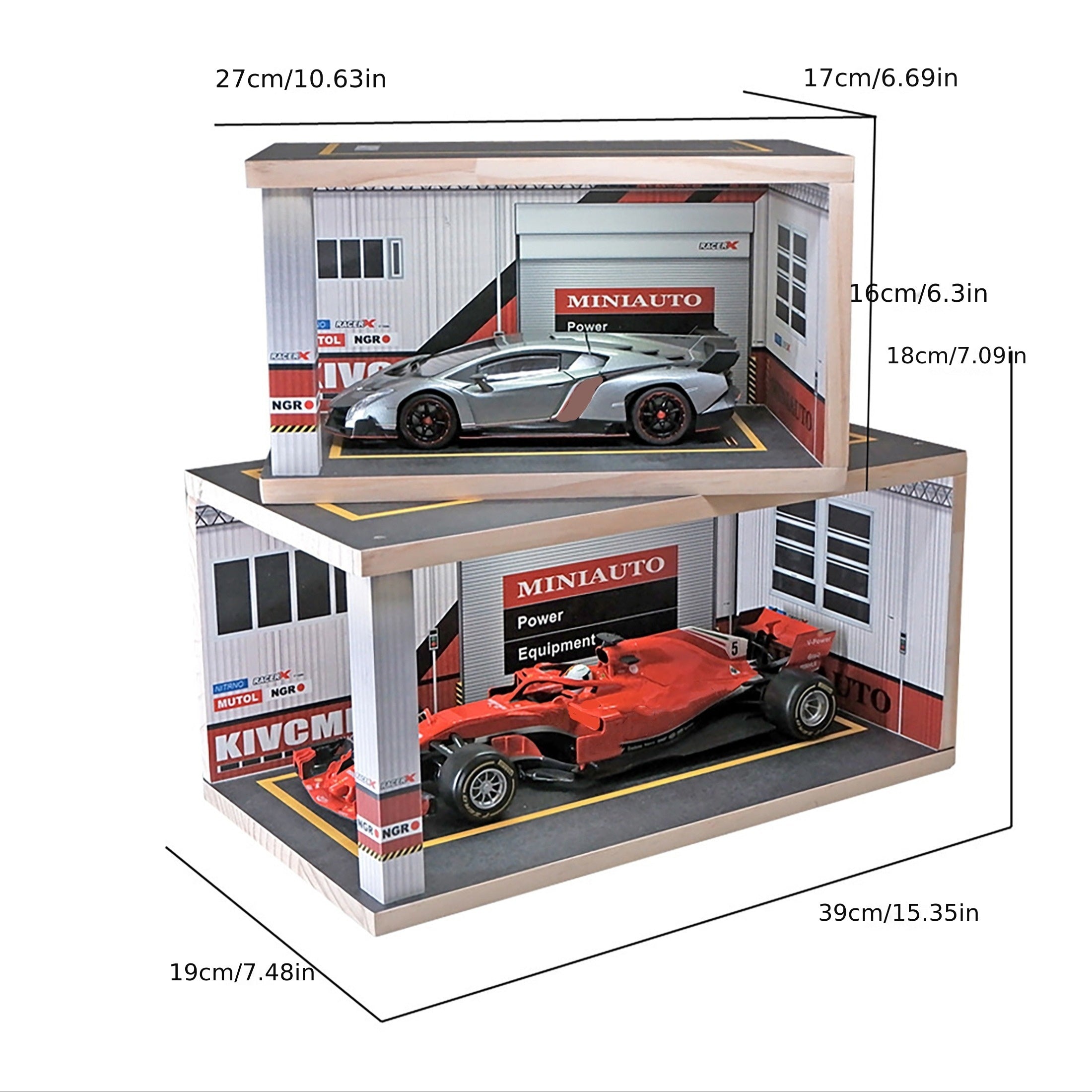 1:18 & 1:24 Solid Wood Garage w/ Lighting Alloy Car Storage Parking Lot Model