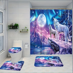 Moon Wolf Shower Curtain Set with 12 Hooks and Toilet Covers