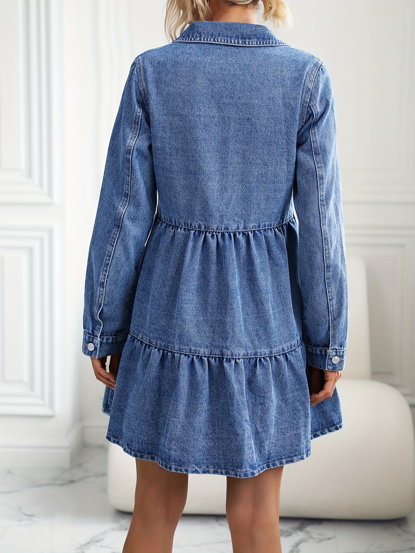 Denim Dress Long Sleeve Button Up Collar Mini Smock