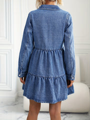 Denim Dress Long Sleeve Button Up Collar Mini Smock