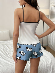 Panda Print Pajama Set Crew Neck Cami Top & Shorts Women's Loungewear