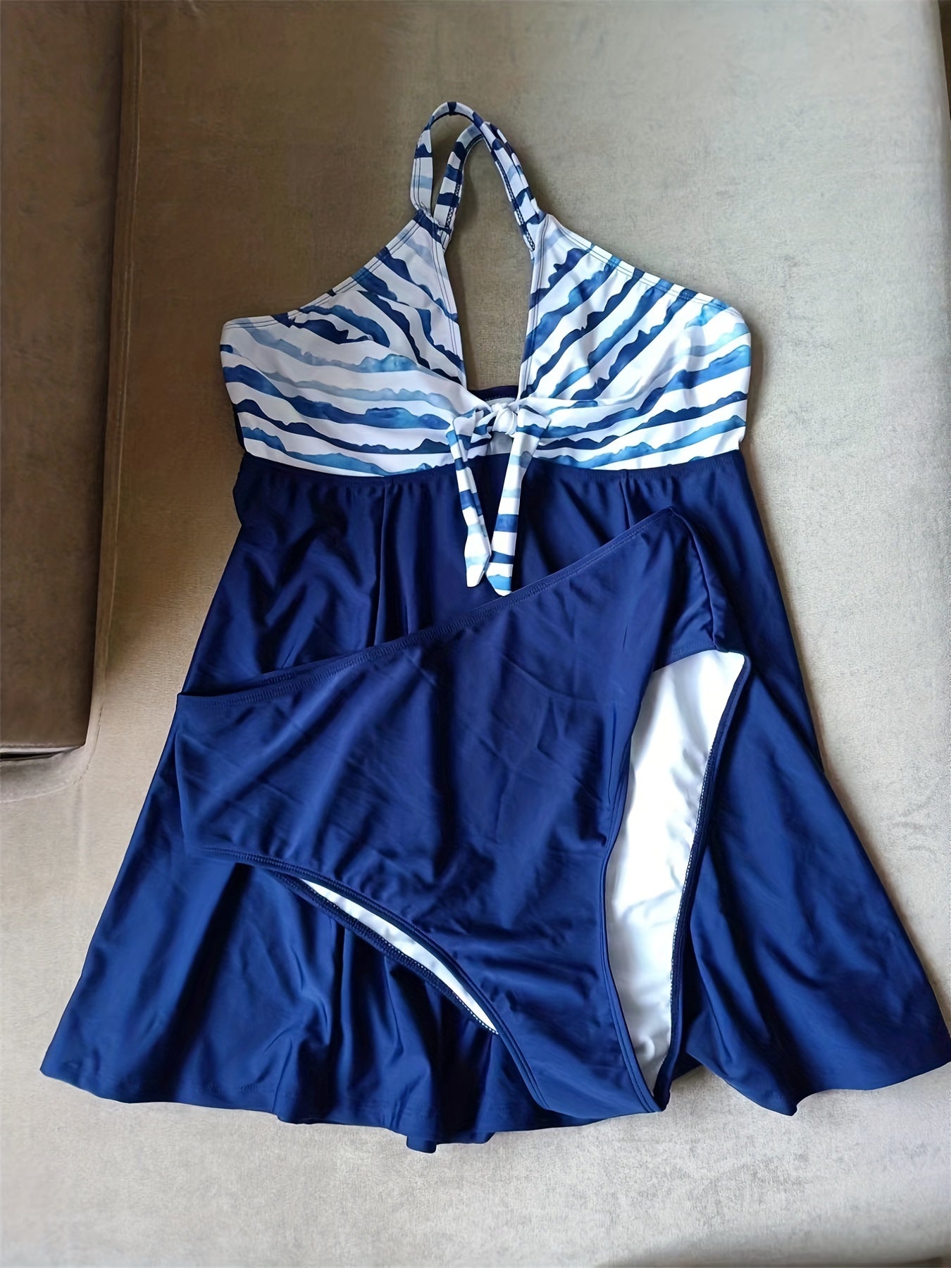 Colorblock Striped Tankini Set Cross Back Cami Top & Panty Swimsuit
